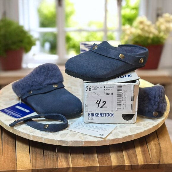 Birkenstock Kaprun Cuff Shearling Slipper Clog Kids EU 26 / US K 8.0 Navy - Picture 1 of 16